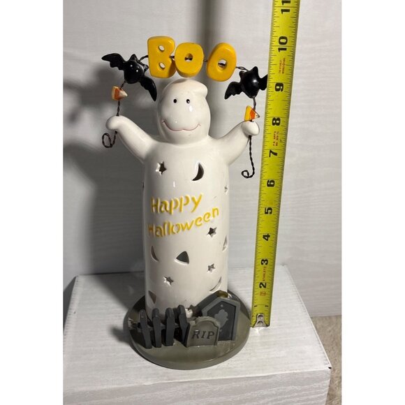 Halloween Ghost Candle Holder Ceramic With Boo & RIP Tombstone Design Cut Outs - Picture 9 of 10